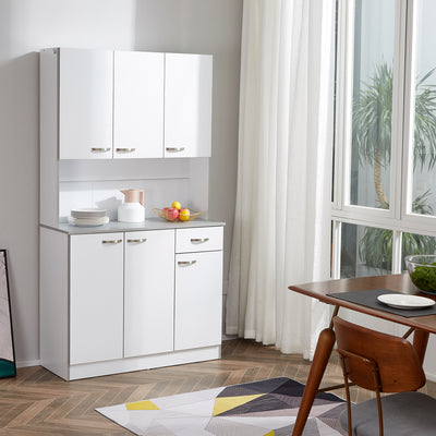 HOMCOM Kitchen Cupboard, Freestanding Kitchen Storage Cabinet with 6 Doors, Drawer, Adjustable Shelves and Open Countertop for Dining Room, White 