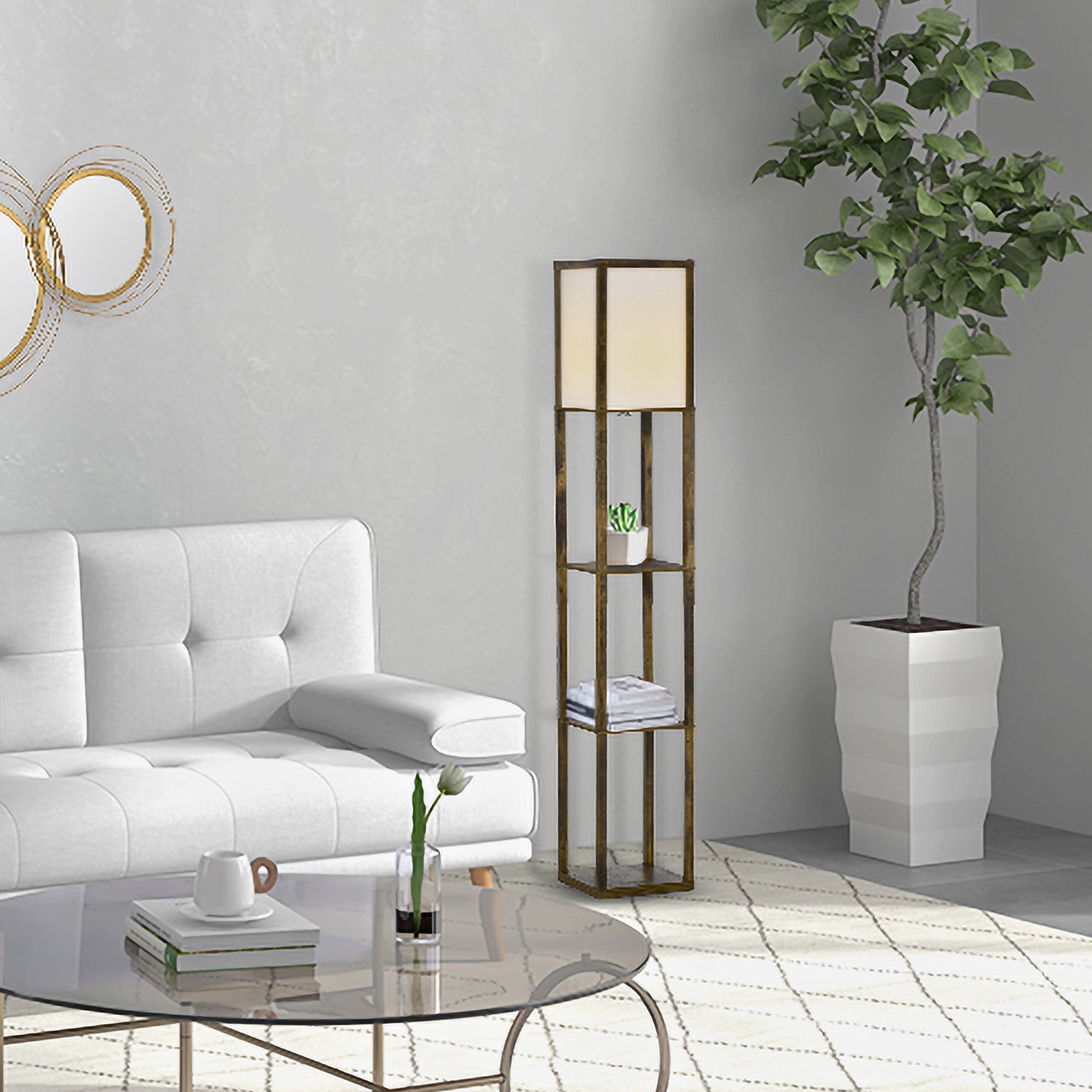 HOMCOM 3-Tier Floor Lamp, Floor Light with Storage Shelf, Reading Standing Lamp with Acrylic Shade for Living Room, Bedroom, Kitchen, Dining Room, Office, Dorm, 160cm, Brown 
