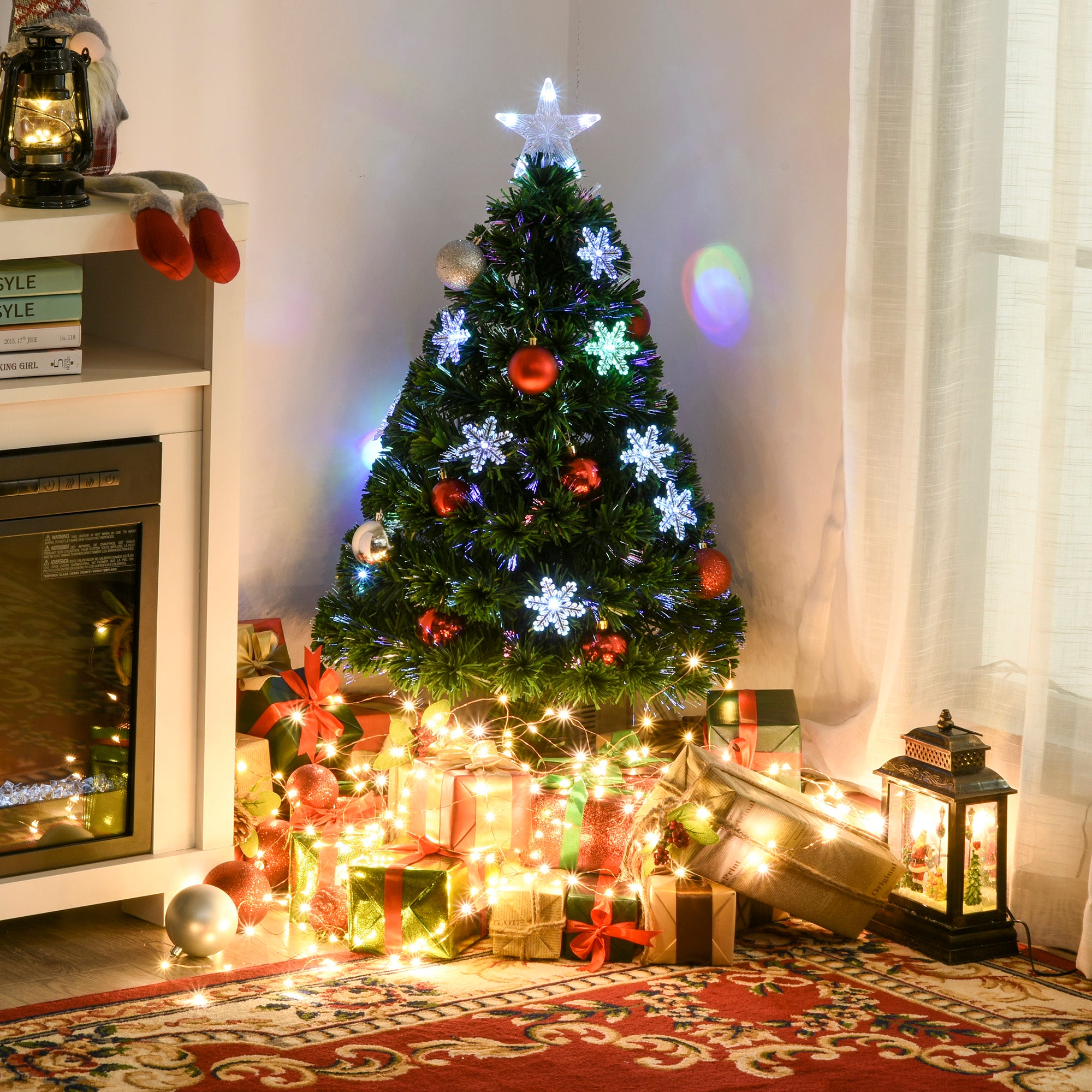 HOMCOM 3FT Green Fibre Optic Artificial Christmas Tree Xmas Colourful LED Scattered Tree with Snowflakes Ornaments Fireproofing 