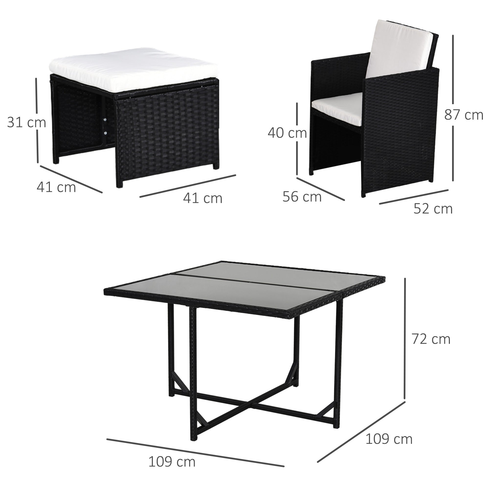 Outsunny 8 Seater Rattan Cube Garden Furniture Set, Rattan Dining Set with Cushions, Outdoor Dining Table and Chairs with 4 Armchairs, 4 Stools, Square Glass Top Table, Black 