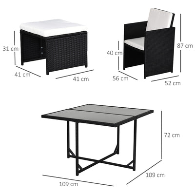 Outsunny 8 Seater Rattan Cube Garden Furniture Set, Rattan Dining Set with Cushions, Outdoor Dining Table and Chairs with 4 Armchairs, 4 Stools, Square Glass Top Table, Black 