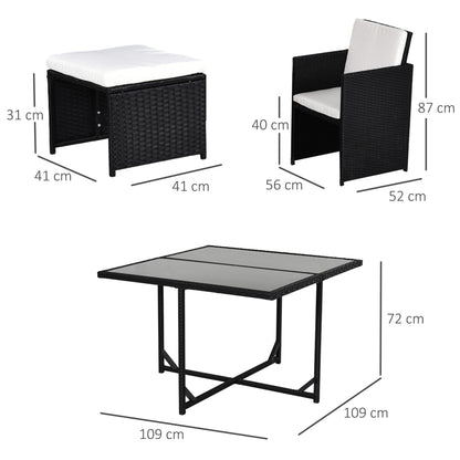Outsunny 8 Seater Rattan Cube Garden Furniture Set, Rattan Dining Set with Cushions, Outdoor Dining Table and Chairs with 4 Armchairs, 4 Stools, Square Glass Top Table, Black 