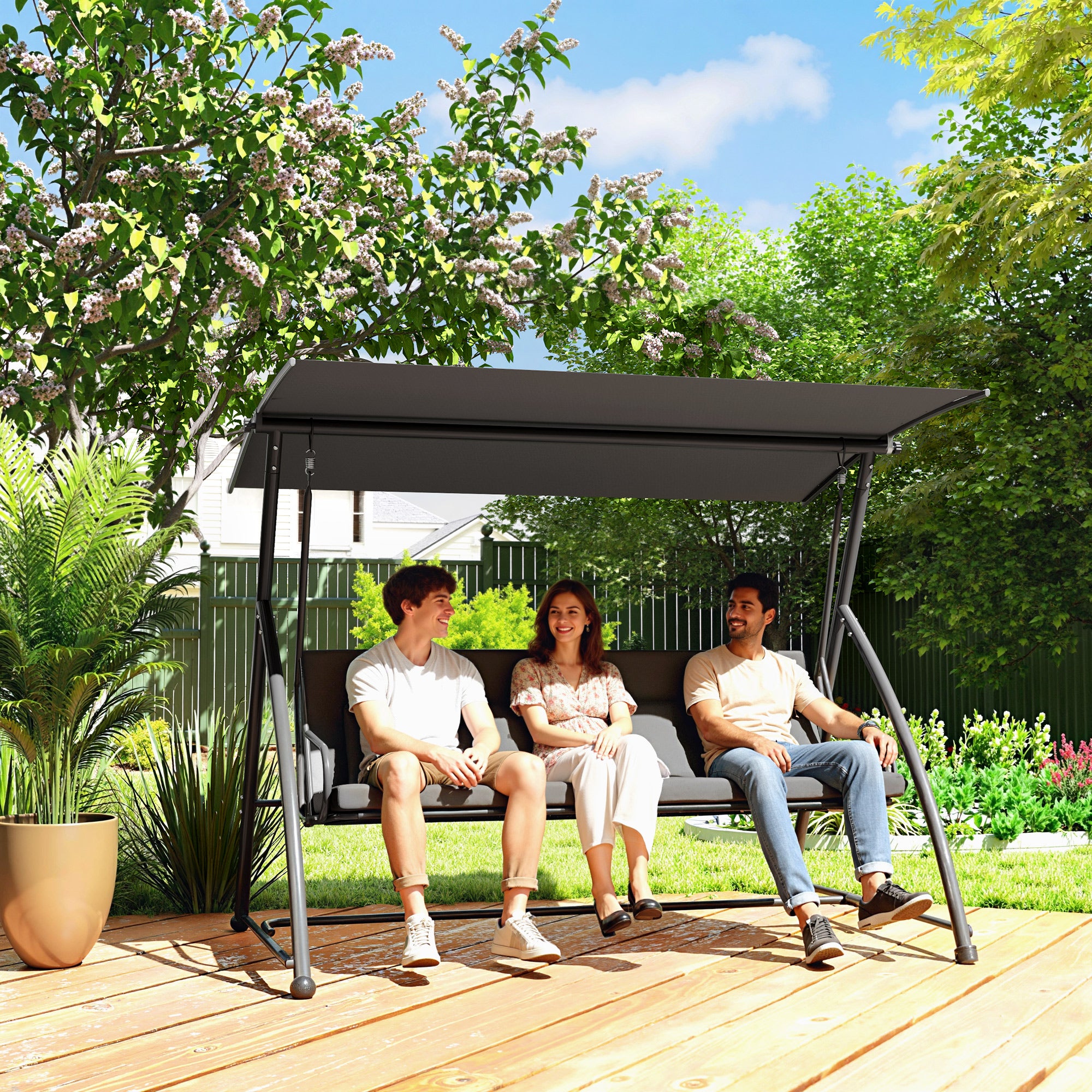 Outsunny Outdoor 2-in-1 Swing Chair Lounger 3 Seater Garden Swing Seat Bed Convertible Tilt Canopy W/ Cushion, Dark Grey 
