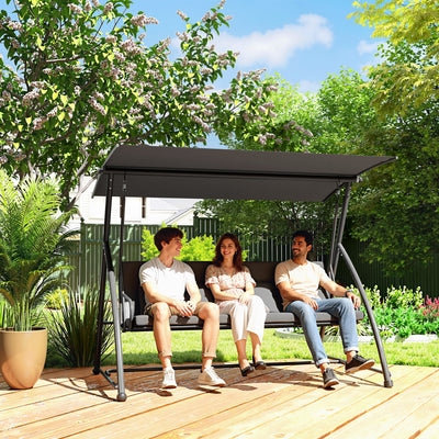 Outsunny Outdoor 2-in-1 Swing Chair Lounger 3 Seater Garden Swing Seat Bed Convertible Tilt Canopy W/ Cushion, Dark Grey 