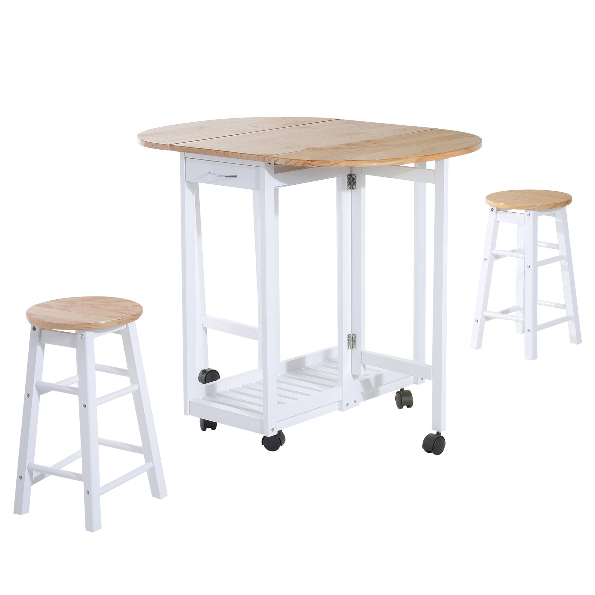 HOMCOM 3PC Wooden Kitchen Cart Mobile Rolling Trolley Folding Bar Table Two Stools Dining Chair Storage Shelf w/2 Drawers & 6 Wheels 