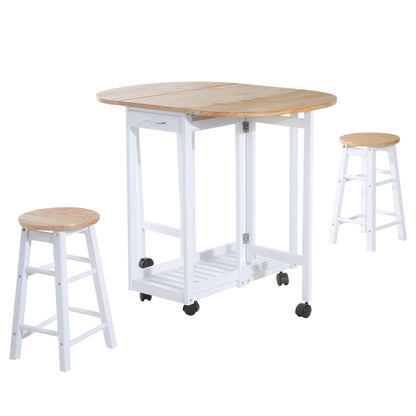 HOMCOM 3PC Wooden Kitchen Cart Mobile Rolling Trolley Folding Bar Table Two Stools Dining Chair Storage Shelf w/2 Drawers & 6 Wheels 
