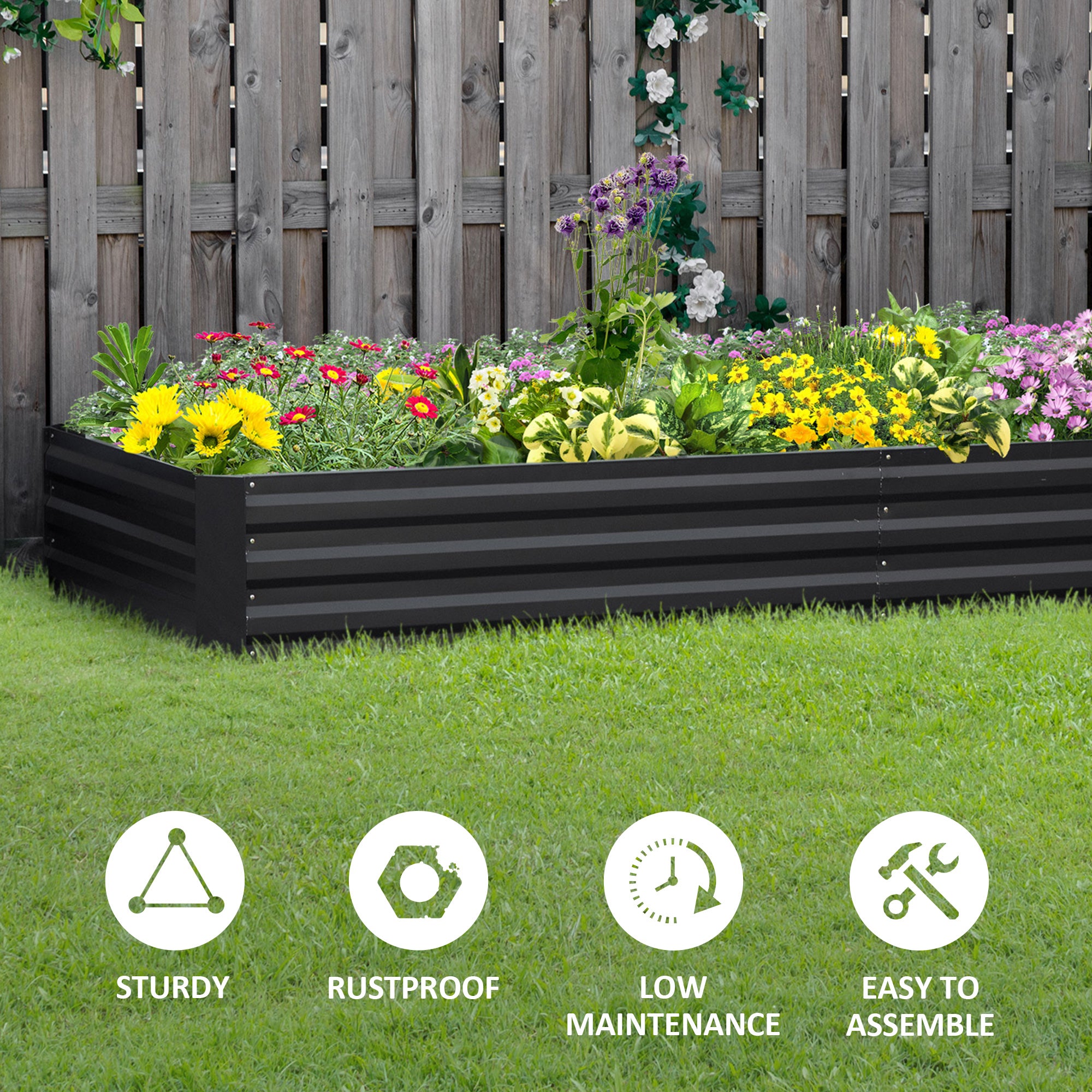 Outsunny Metal Raised Garden Bed Planter Box Outdoor Planters for Growing Flowers, Herbs, Grey, 241x90.5x30cm 