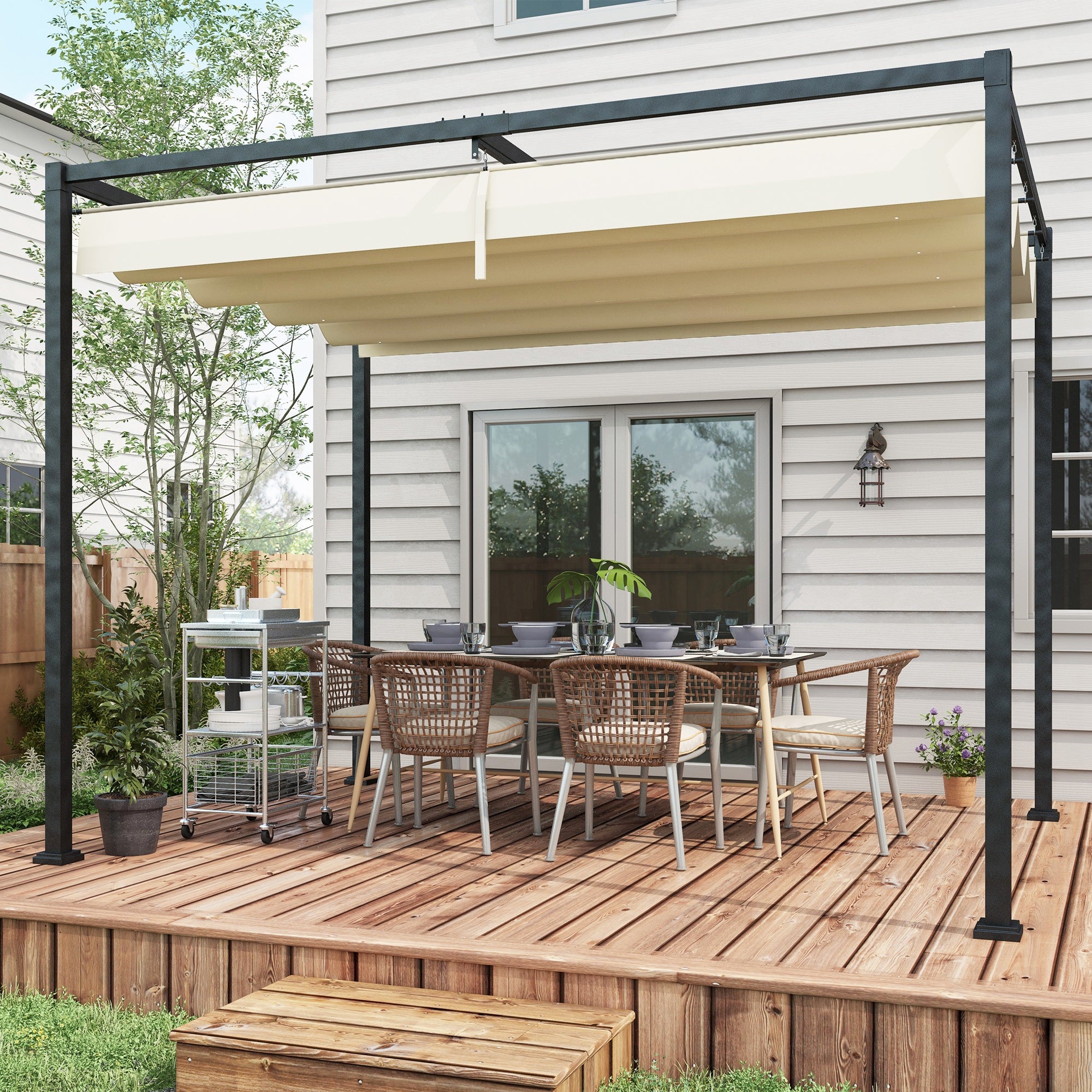 Outsunny 3x2m Metal Pergola with Retractable Roof, Garden Gazebo Canopy Shelter for Outdoor, Patio, Cream White 