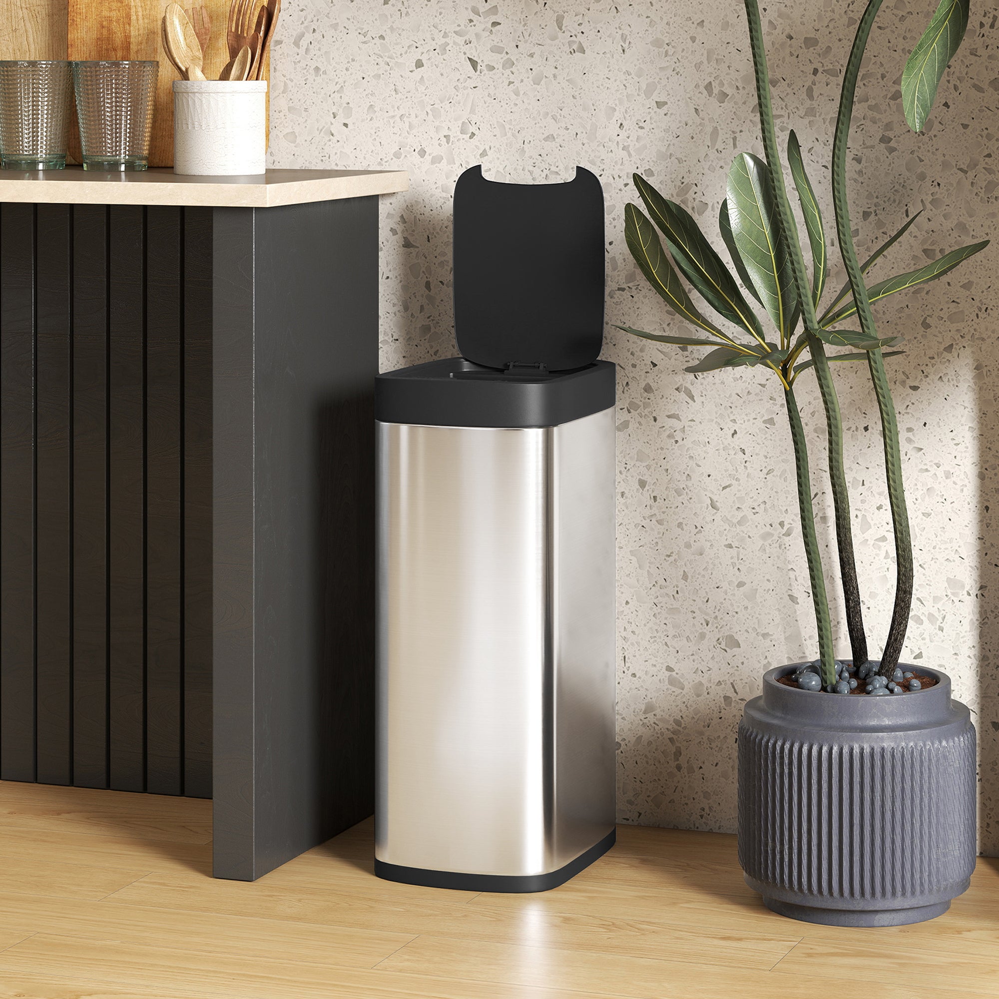 HOMCOM 50L Sensor Bin, Automatic Kitchen Bin, Manual Override, Battery Operated, Inner-Bucket-Free, for Kitchen, Bedroom 