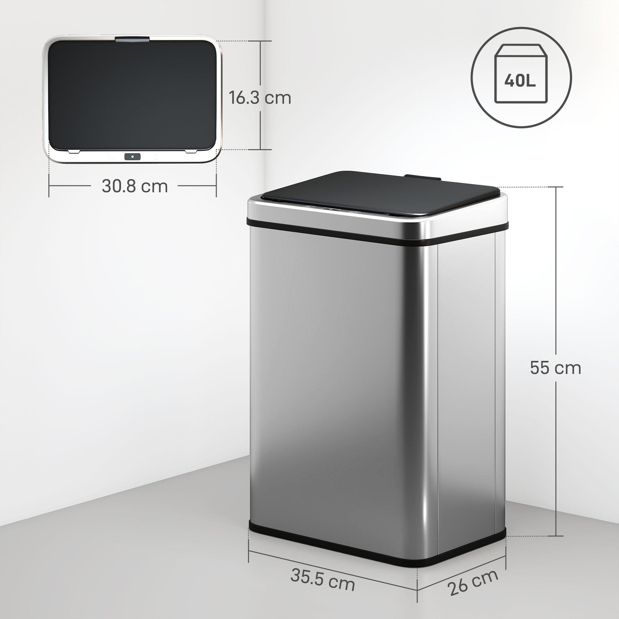 HOMCOM 40L Sensor Bin with Quiet Soft-Close Lid, Automatic Touchless Motion Sensor Kitchen Bin with Fingerprint Resistant Stainless Steel for Hygienic Gyms, Home Office Use, Silver Tone 