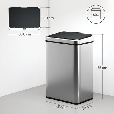 HOMCOM 40L Sensor Bin with Quiet Soft-Close Lid, Automatic Touchless Motion Sensor Kitchen Bin with Fingerprint Resistant Stainless Steel for Hygienic Gyms, Home Office Use, Silver Tone 