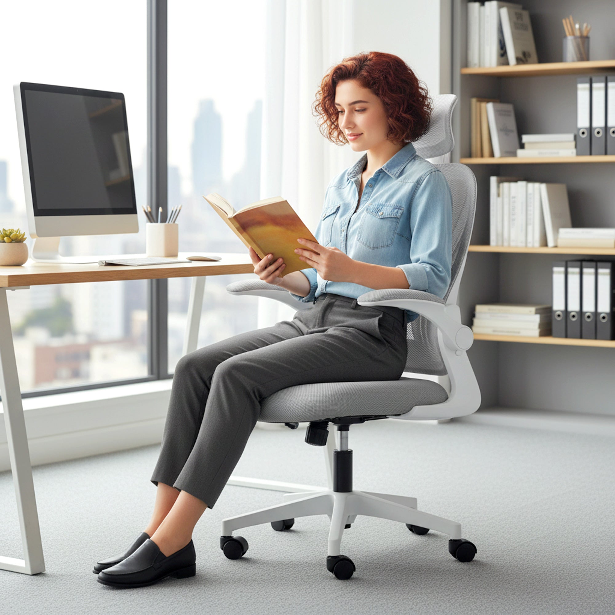 HOMCOM Ergonomic Office Chair with Foldable Backrest, 2D Headrest - Light Grey 