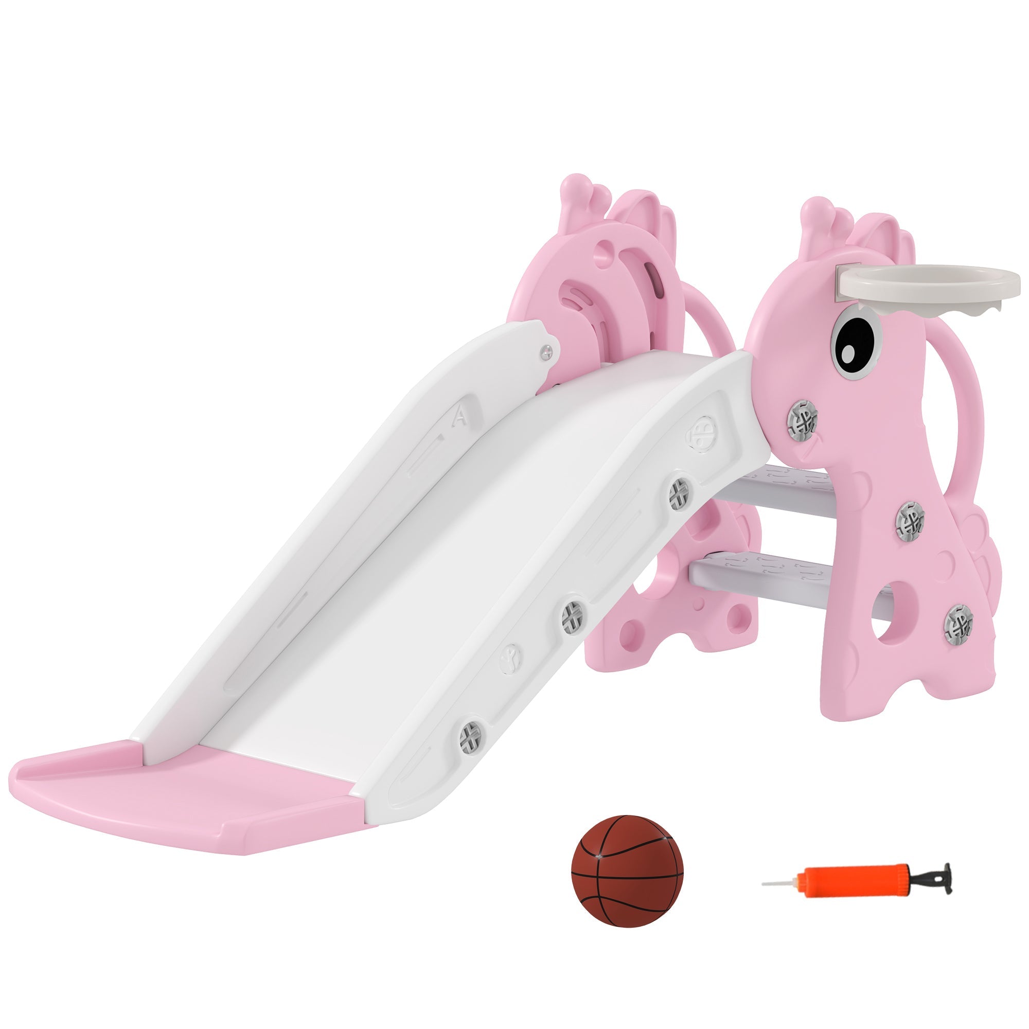 AIYAPLAY 3 in 1 Kids Slide with Climber, Basketball Hoop and Ball, Giraffe Shape Climber Slide for Indoor Kids Age 1-3, Pink 