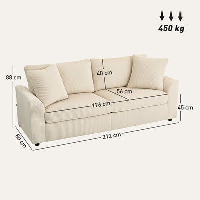 HOMCOM Modern 3 Seater Sofa with Spring Cushion, 212 cm Fabric Jumbo Cord Sofa Couch with 2 Scatter Cushions, Upholstered Corduroy Settee for Living Room, Bedroom, Home Office, Cream White 