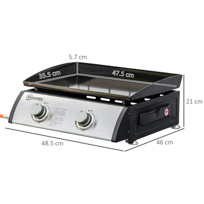 Outsunny Gas Plancha Grill with 2 Stainless Steel Burner, 6kW, Portable Tabletop Gas BBQ with Non-Stick Griddle for Camping Picnic Garden Party Festival 