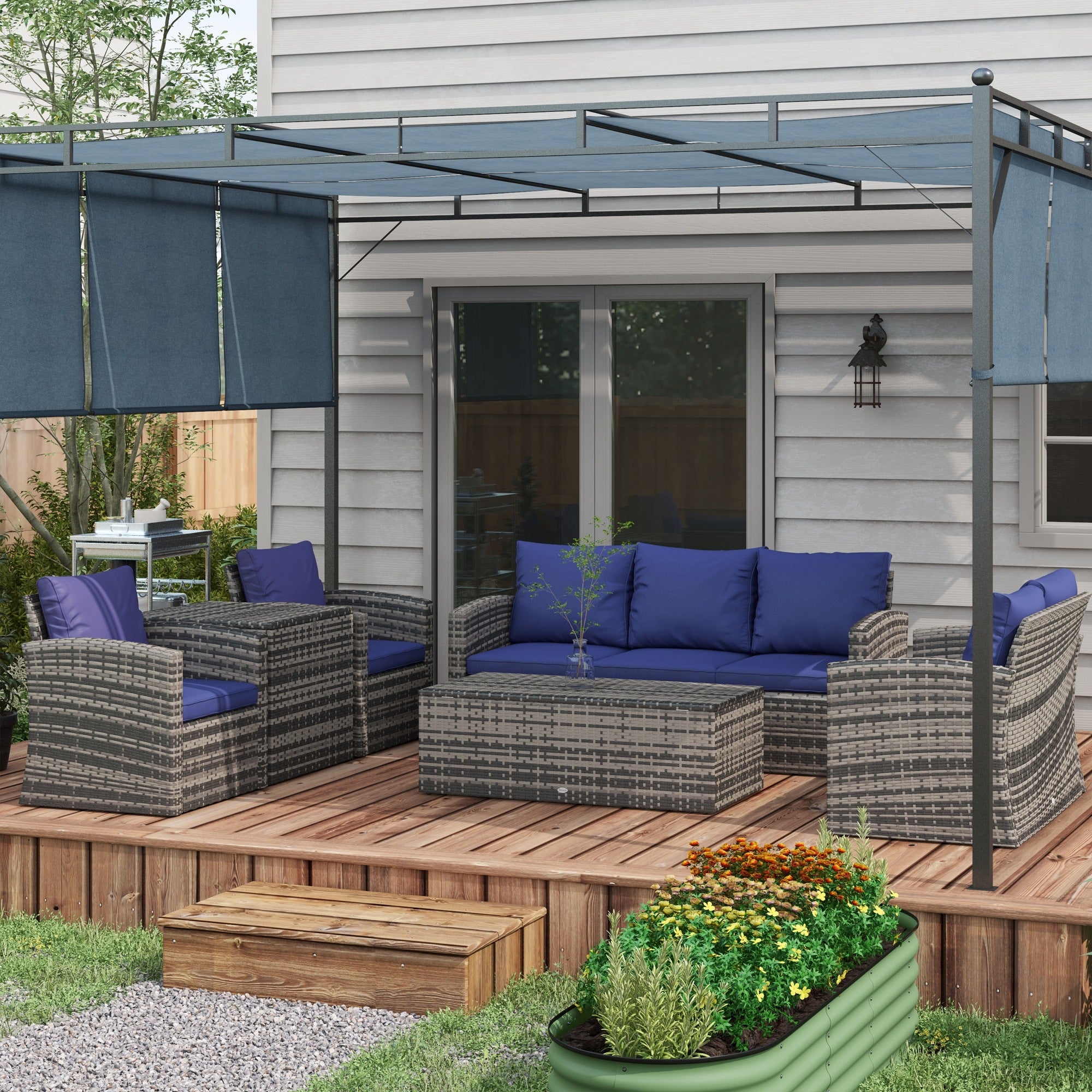 Outsunny 6 Pieces Rattan Garden Furniture Set, 7 Seater Wicker Outdoor Furniture Set with Storage Tea Table & Side Table, Sectional Garden Sofa Set with Cushions, Navy Blue 