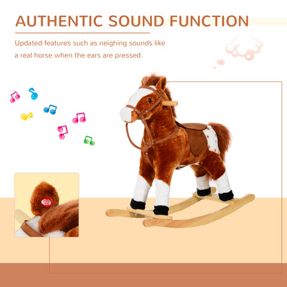 HOMCOM Baby Rocking Horse Plush Ride on Animals Rocker with Sound Handle Grip for kids 3-6 years - Brown 