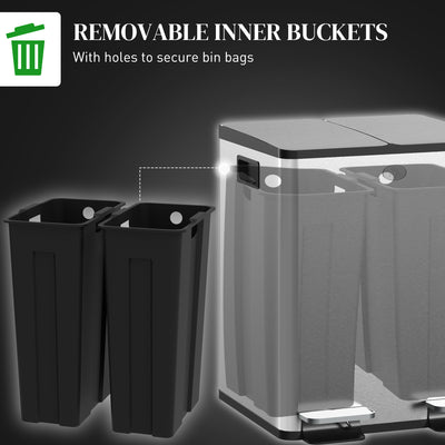 HOMCOM 40L Dual Compartment Stainless Steel Bin, with Deodoriser Holders - Silver Tone 