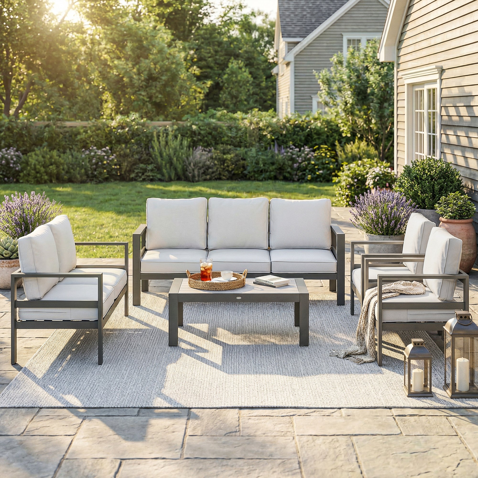 Outsunny 5 Pieces Aluminium Garden Furniture Set with Olefin Cushions, Extra Deep Outdoor Garden Sofa Set, Dark Grey 