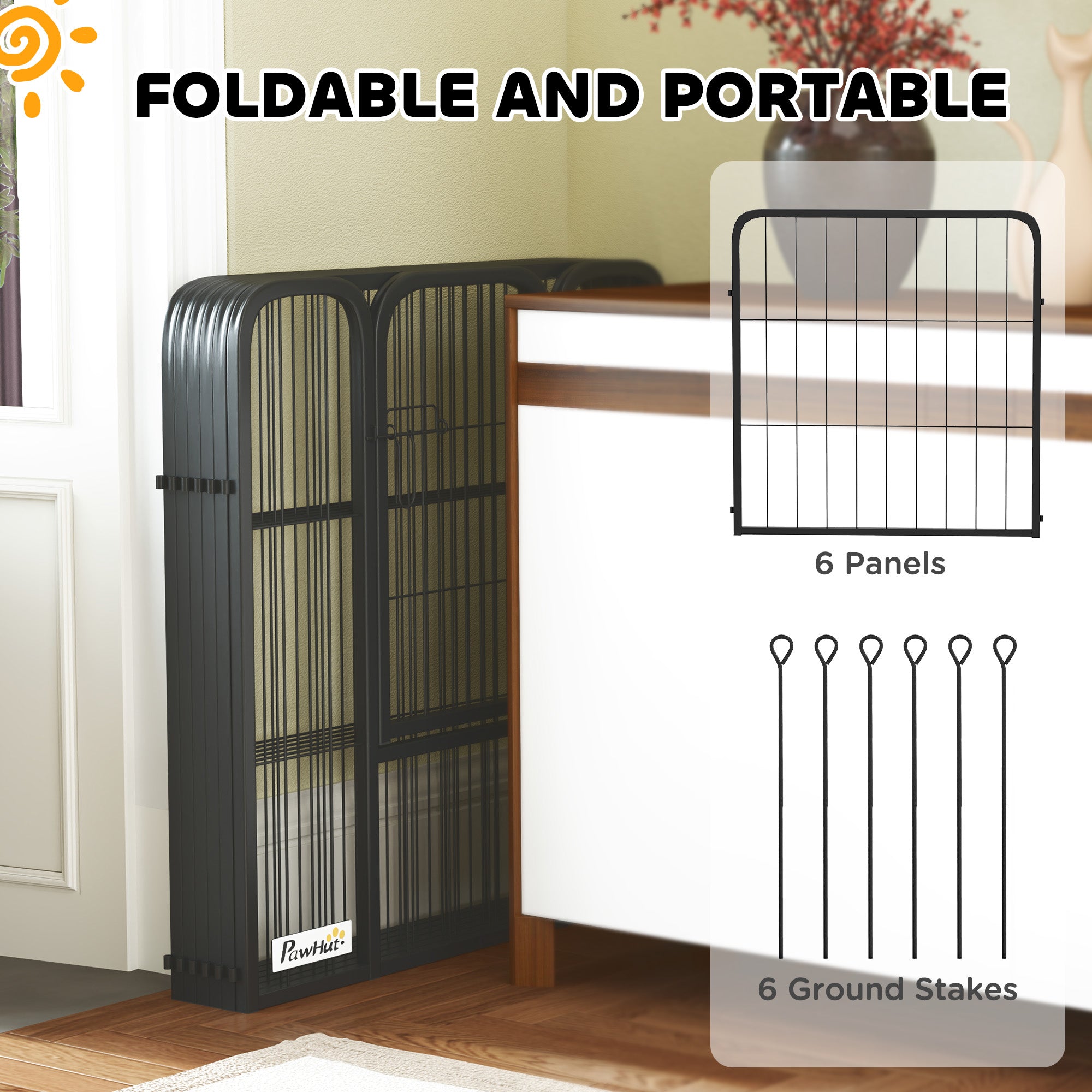 PawHut 6 Panels Heavy Duty Dog Playpen with Secure Door, for Indoor Outdoor, for Garden, Camping, 60cm High 