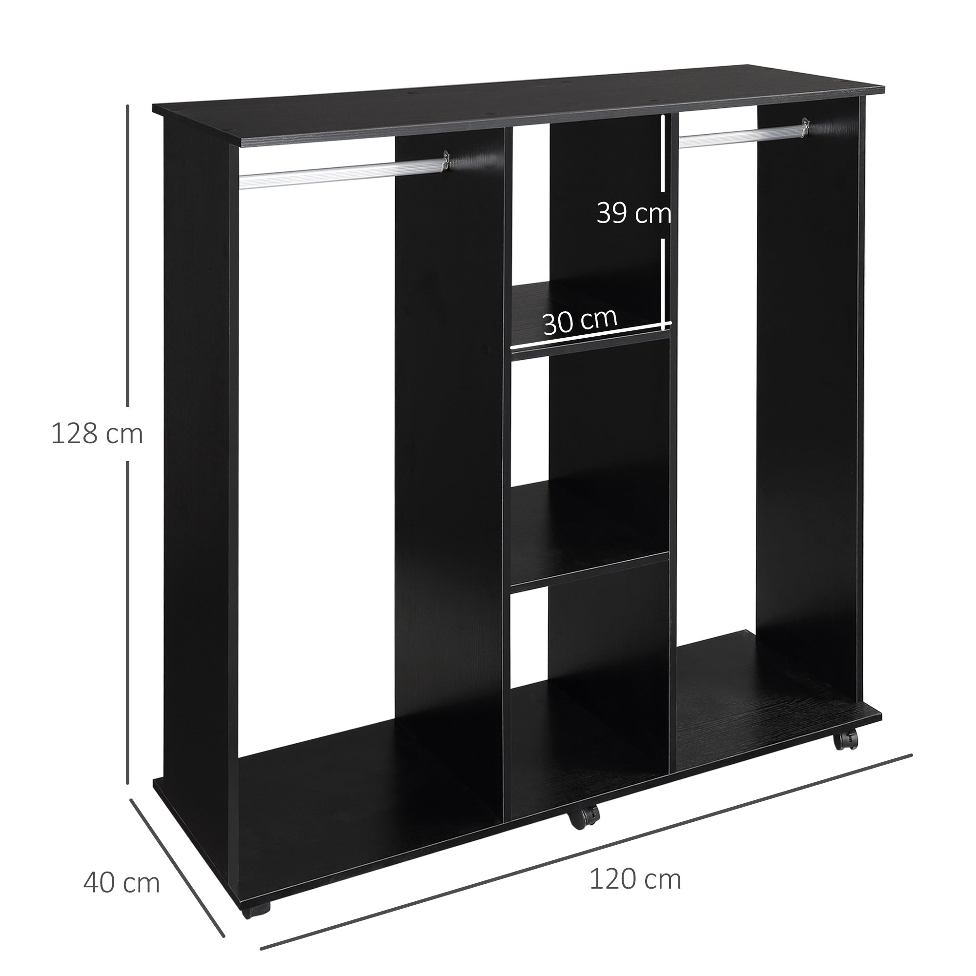 HOMCOM Open Wardrobe Double Mobile Storage Shelves Organizer W/6 Wheels-Black 