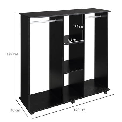 HOMCOM Open Wardrobe Double Mobile Storage Shelves Organizer W/6 Wheels-Black 