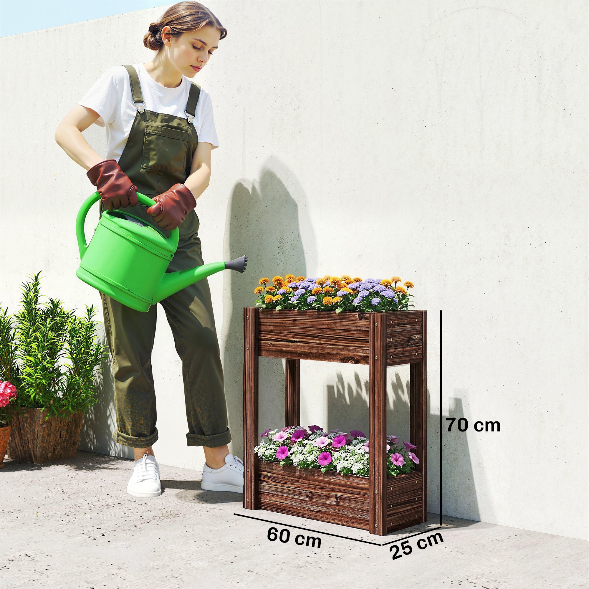 Outsunny 2-Tier Wooden Raised Planter, Raised Garden Bed on Legs with Drainage Holes and Bed Liner, Elevated Garden Planter 