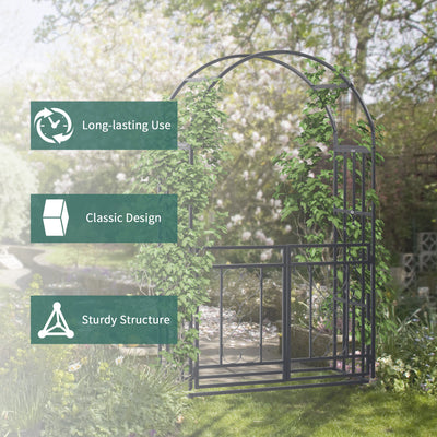 Outsunny Outdoor Garden Arch with Double Gates, Metal Garden Arbor for Climbing Plants, Roses, Vines, Wedding Arch for Outdoor, 114L x 50W x 206H cm, Dark Grey 