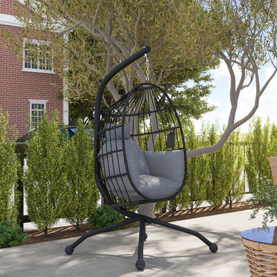 Outsunny Hanging Egg Chair Outdoor Indoor Garden Swing Chair with Folding Basket and Thickened Cushion, Garden Hanging Chair with Stand, Headrest, Cup Holder for Patio, Balcony, Dark Grey 