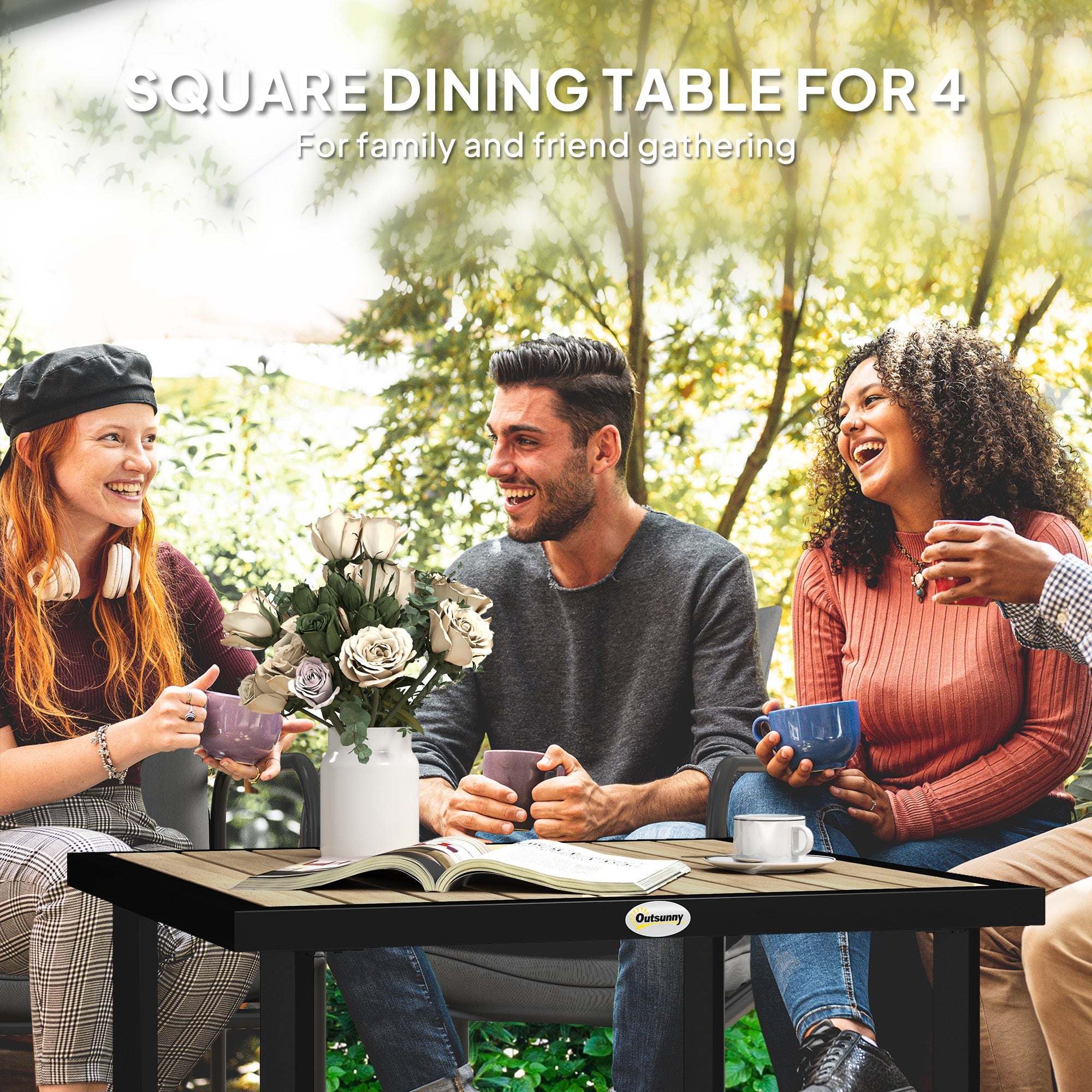 Outsunny Square Garden Dining Table with 5.4cm Parasol Hole, Slatted Top, Metal Frame, 86 x 86 x 71cm, Brown 