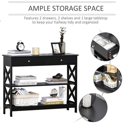HOMCOM Console Table Side Desk w/ Shelves Drawers Open Top X Support Frame Living Room Hallway Home Office Furniture Black 