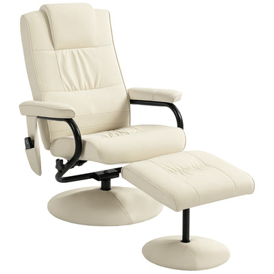 HOMCOM Swivel Recliner Chair and Footstool, Faux Leather Massage Recliner Armchair with Remote Control and Round Wrapped Base, Cream White 