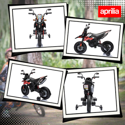 AIYAPLAY 12V Aprilia Licenced Kids Motorbike with Training Wheels, Spring Suspension, LED Light, USB, Music, Red 