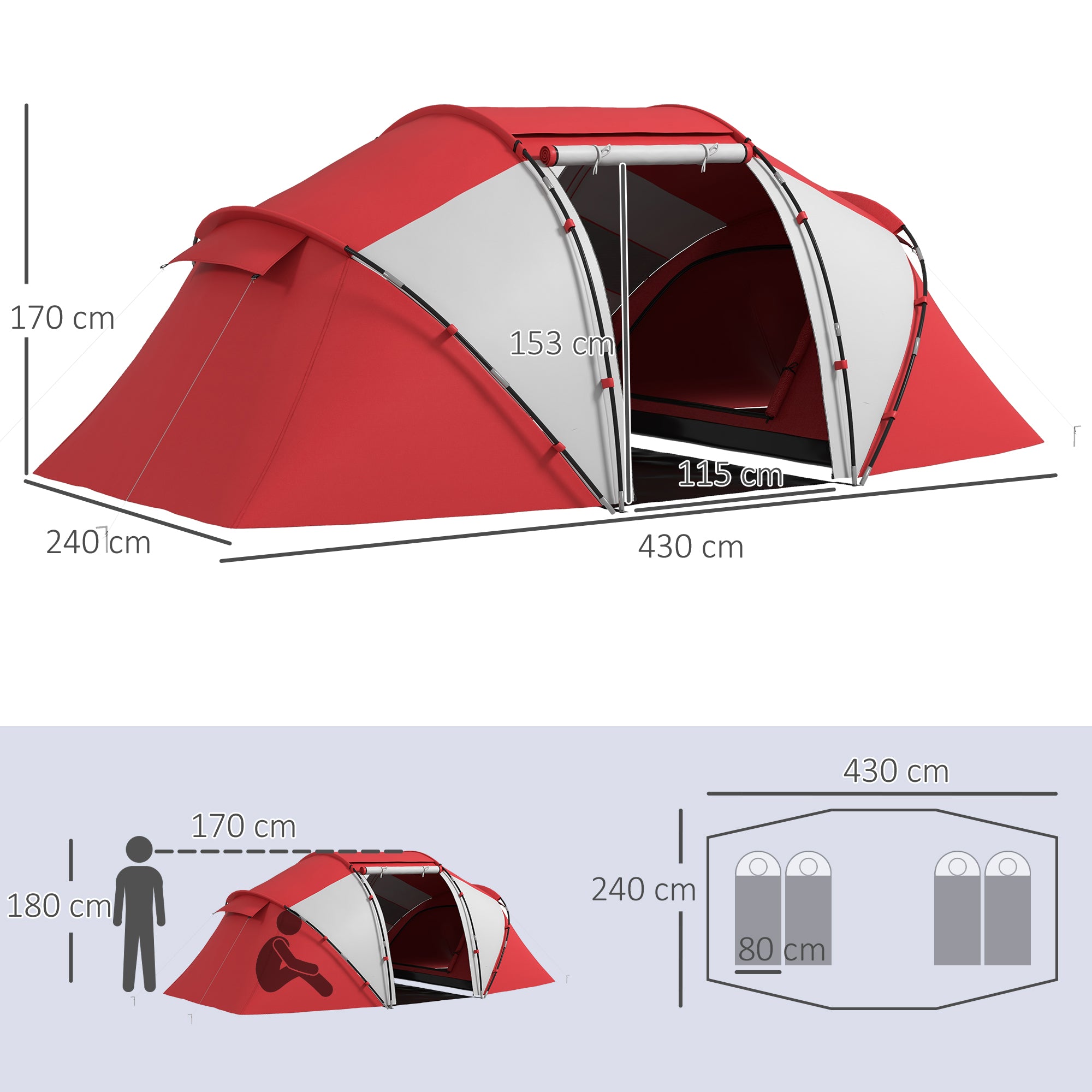 Outsunny 4-6 Man UV Protection Camping Tent - Grey and Red 