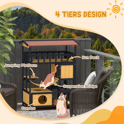 PawHut Outdoor Cat Shelter, Four-Tier Wooden Feral Cat House, with Suspension Bridge, Cat Houses, Balcony, Escape Doors 