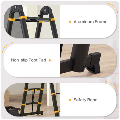 HOMCOM 3.8m Duo Aluminium Ladder w/ Tool Holder - Yellow 