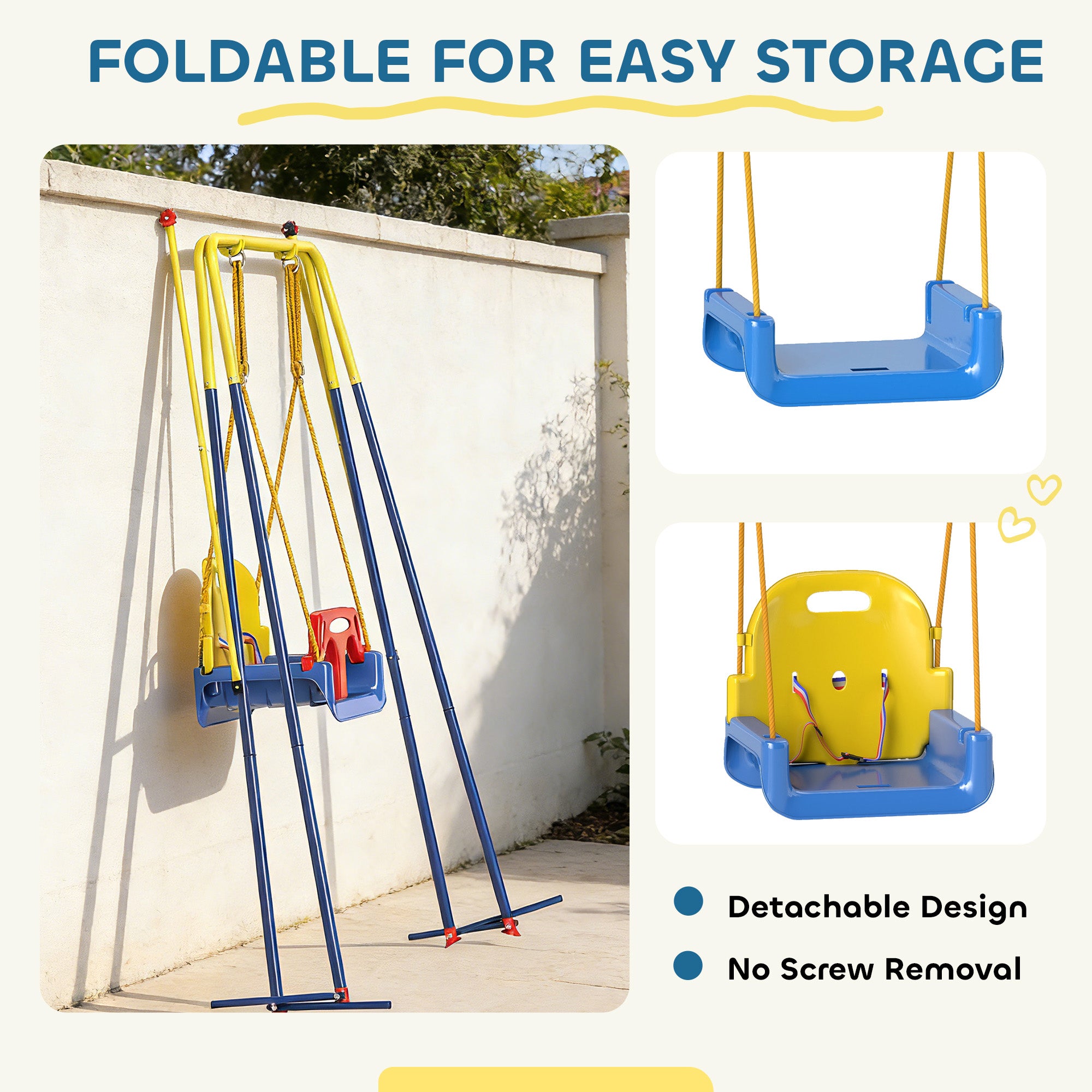 AIYAPLAY 3 in 1 Toddler Swing Set, Folding Child Swing Set with Seat Belt, Adjustable Seat for Outdoor Indoor, Blue 