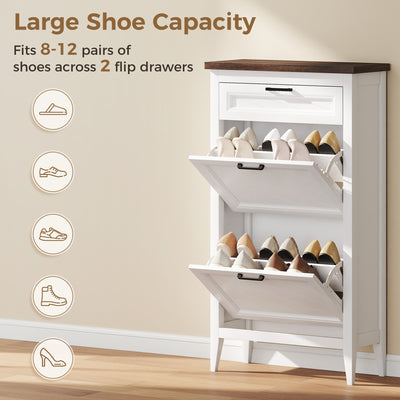 HOMCOM Shoe Cabinet with 2 Flip Drawers, Farmhouse Narrow Shoe Storage Cabinet with Adjustable Shelves, White