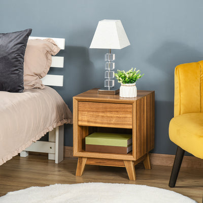 HOMCOM Modern Bedside Table Nightstand, Living Room End Table, Side Table with Drawer and Shelf, Walnut Brown 