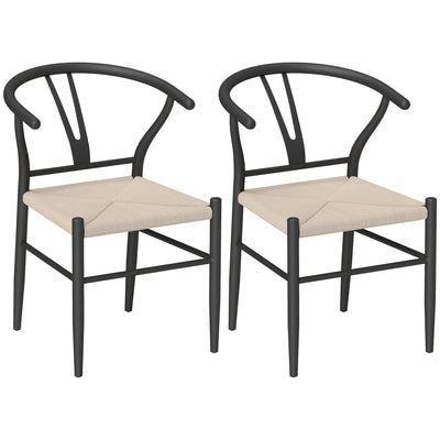 HOMCOM Set of Two Weave Dining Chairs with Y-Shaped Backrest Hemp Seat - Black/Beige 