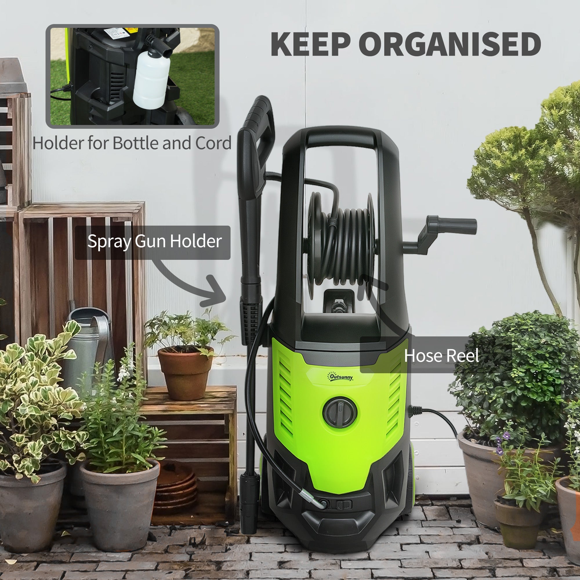 Outsunny 2200W High Pressure Washer, 170 Bar Pressure, 420 L/h Flow, Portable Electric Power Washer Jet Wash Cleaner with Adjustable Nozzle 6M Hose and Hose Reel for Home Patio Car Driveway 