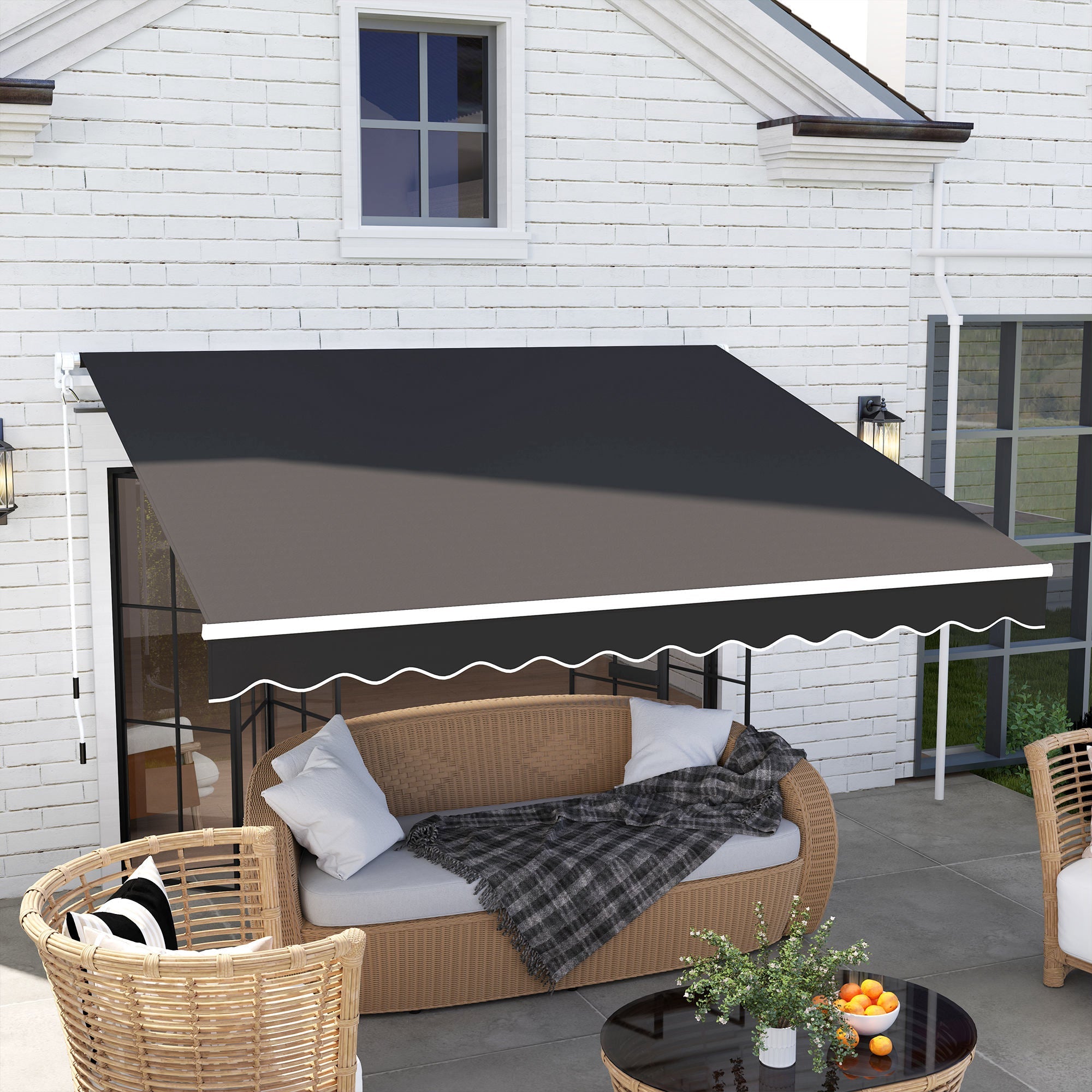 Outsunny 3 x 2.5m Garden Patio Manual Awning, Retractable Canopy Sun Shade Shelter with Fittings and Crank Handle, Black 