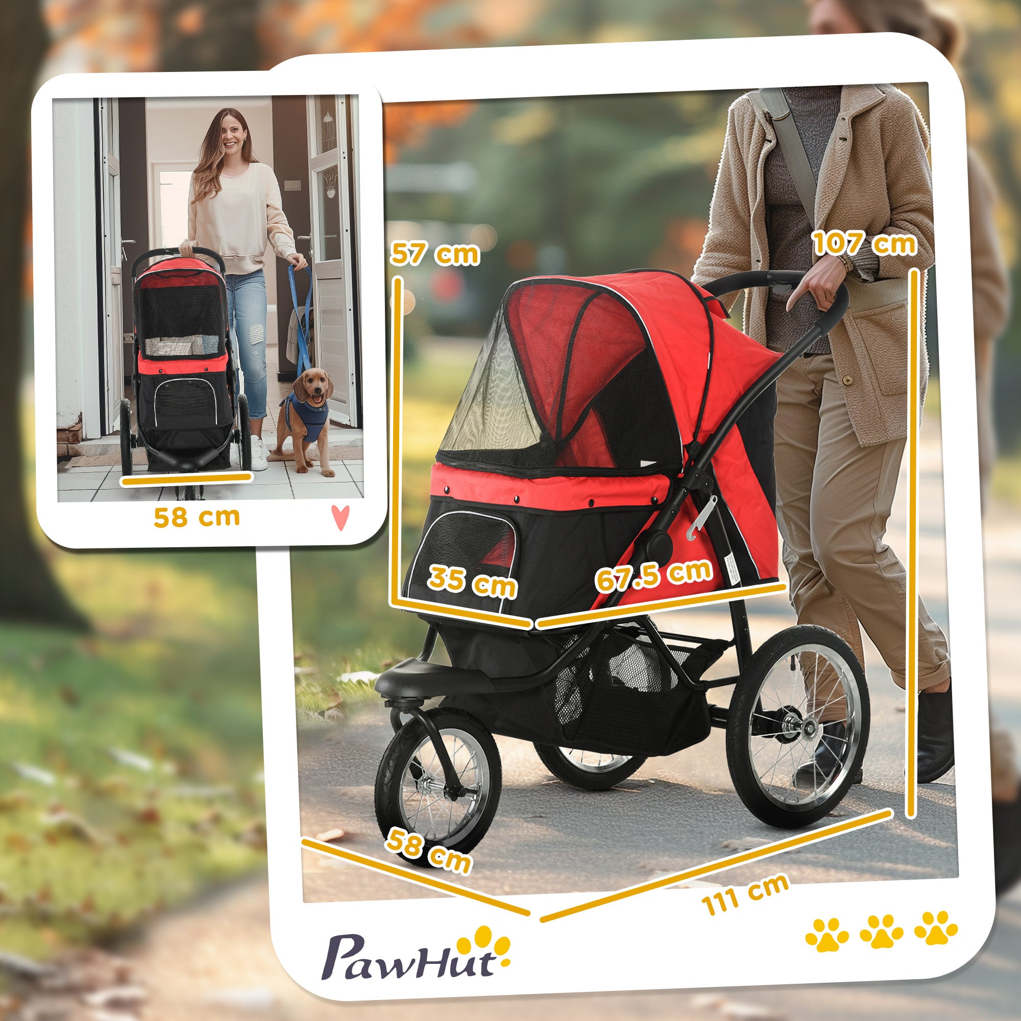 PawHut Foldable Pet Stroller with Three Wheels, for Small, Medium Dogs, Red 