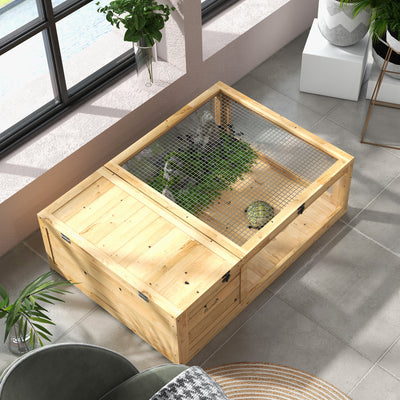PawHut Tortoise House, Small Reptile Wooden House, with Mesh Roofs, Side Panels, for Turtles, Lizards, Geckos and Snakes 
