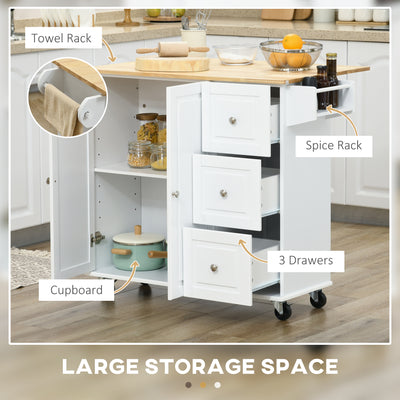 HOMCOM Kitchen Island with Drop Leaf, Rolling Kitchen Storage Trolley on Wheels with 3 Drawers, Spice Rack and Towel Rack, Storage Cart with Rubber Wood Top, White 