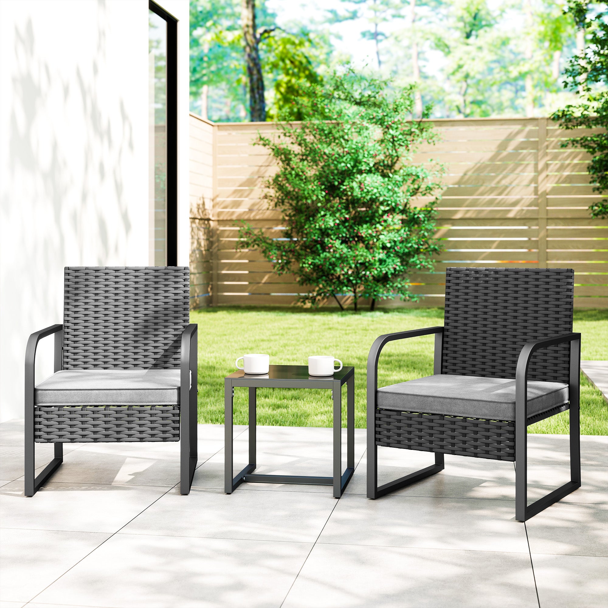 Outsunny Rattan Bistro Set, 3 Piece Garden Furniture Set with Cushions and Glass Top Table, Black 