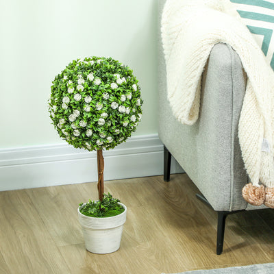 HOMCOM Set of 2 Decorative Artificial Plants, Ball Topiary Tree with Rose Flower in Pot, Fake Plants for Home Indoor Outdoor Decor, 60cm, White 