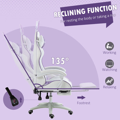 Vinsetto Racing Gaming Chair, Reclining PU Leather Computer Chair with Removable Rabbit Ears, Footrest, Headrest and Lumber Support, Purple 