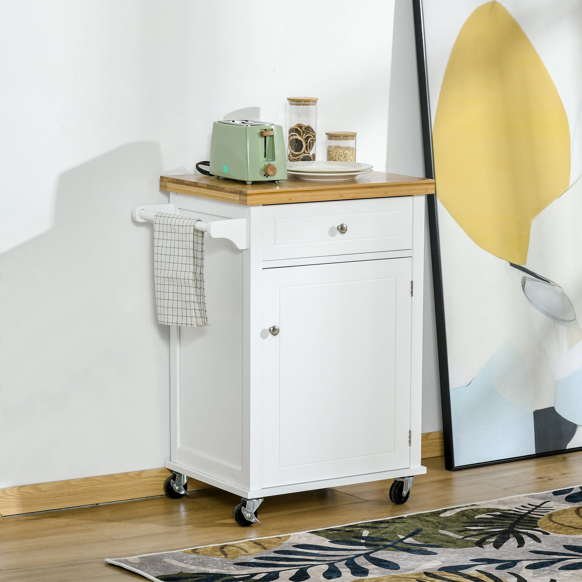 HOMCOM Kitchen Cart Storage Trolley Wooden Cabinet with Drawer Cupboard Towel Rail White 