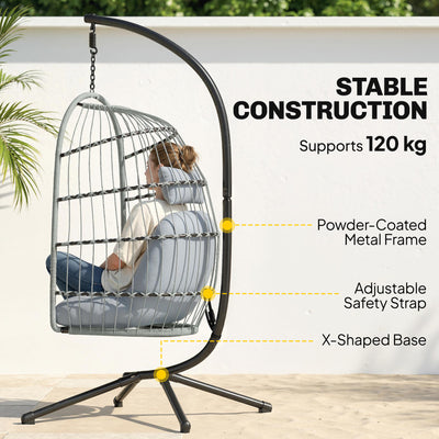 Outsunny Hanging Egg Chair, Indoor Outdoor Hammock Swing Chair with Stand, Safety Strap, Foldable Basket, Light Grey 